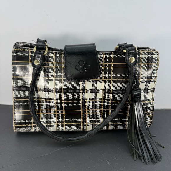 AUTHENTIC PATRICIA NASH BLACK AND WHITE PLAID PRINT LEATHER PURSE EUC - Picture 1 of 14